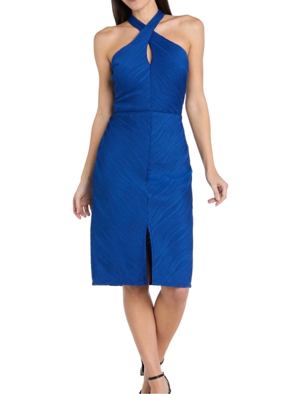 RM Richards Royal Blue Wavy Textured Crisscross Halter Keyhole Dress Size 4P